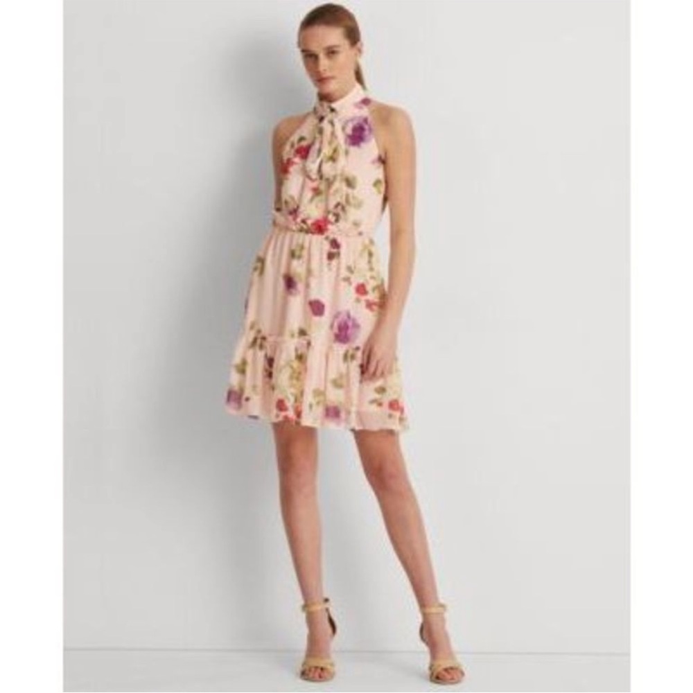 Lauren Ralph Lauren Women's Floral Chiffon Sleeveless Dress(12, Pink/Sage Multi)
